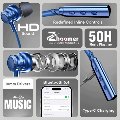 ZHOOMER Assured Series, 50 Hours Music Play Time, HD Mic Pure BassSound Latest Bluetooth V5.4, Type C Fast Charging,Wireless Neckband Earphone | Blue