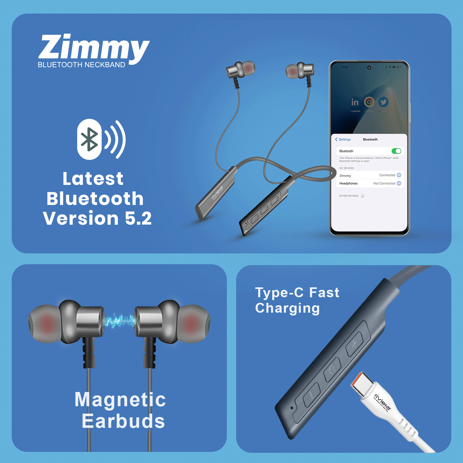 Zimmy Bluetooth Neckband | 50 Hrs Playtime | 480 Hrs Standby |  Bluetooth 5.2 | HD Stereo Sound | Lightweight Neckband Earphones with Mic