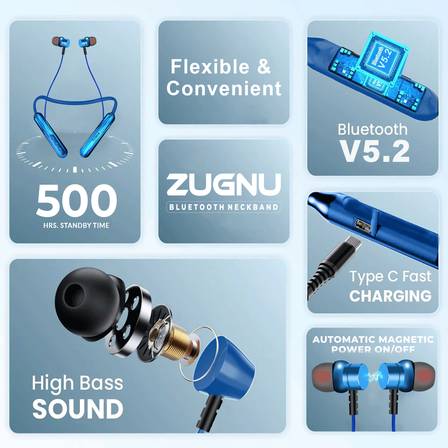 Zugnu Noise Reduction Wireless Neckband Headphones, Bluetooth V5.2 Technology with Mics & Smart Magnetic Earbuds, in-Ear Incredeble Sound 55 Hrs Playtime& 500 Hrs Standby Time.