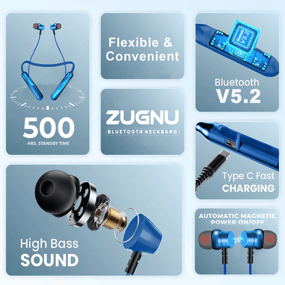 Zugnu Noise Reduction Wireless Neckband Headphones, Bluetooth V5.2 Technology with Mics & Smart Magnetic Earbuds, in-Ear Incredeble Sound 55 Hrs Playtime& 500 Hrs Standby Time.