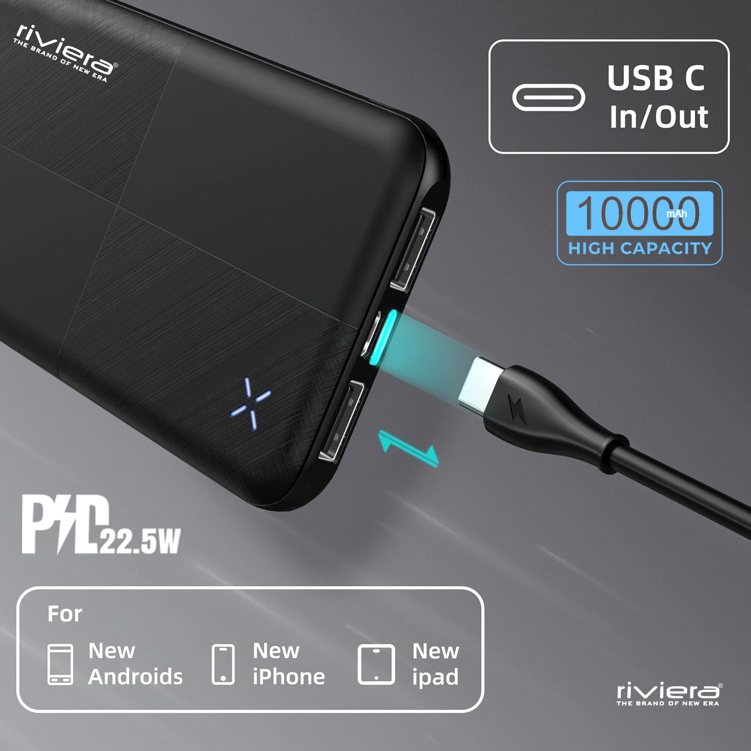Riviera Energy 10000mAh Power Bank | 22.5W PD + Qualcomm Quick Charge 3.0 | Dual USB Output | LED Indicator | Fast Charging Portable Powerbank (Black)