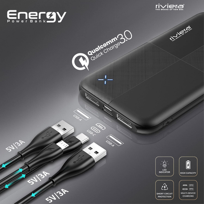 Riviera Energy 10000mAh Power Bank | 22.5W PD + Qualcomm Quick Charge 3.0 | Dual USB Output | LED Indicator | Fast Charging Portable Powerbank (Black)
