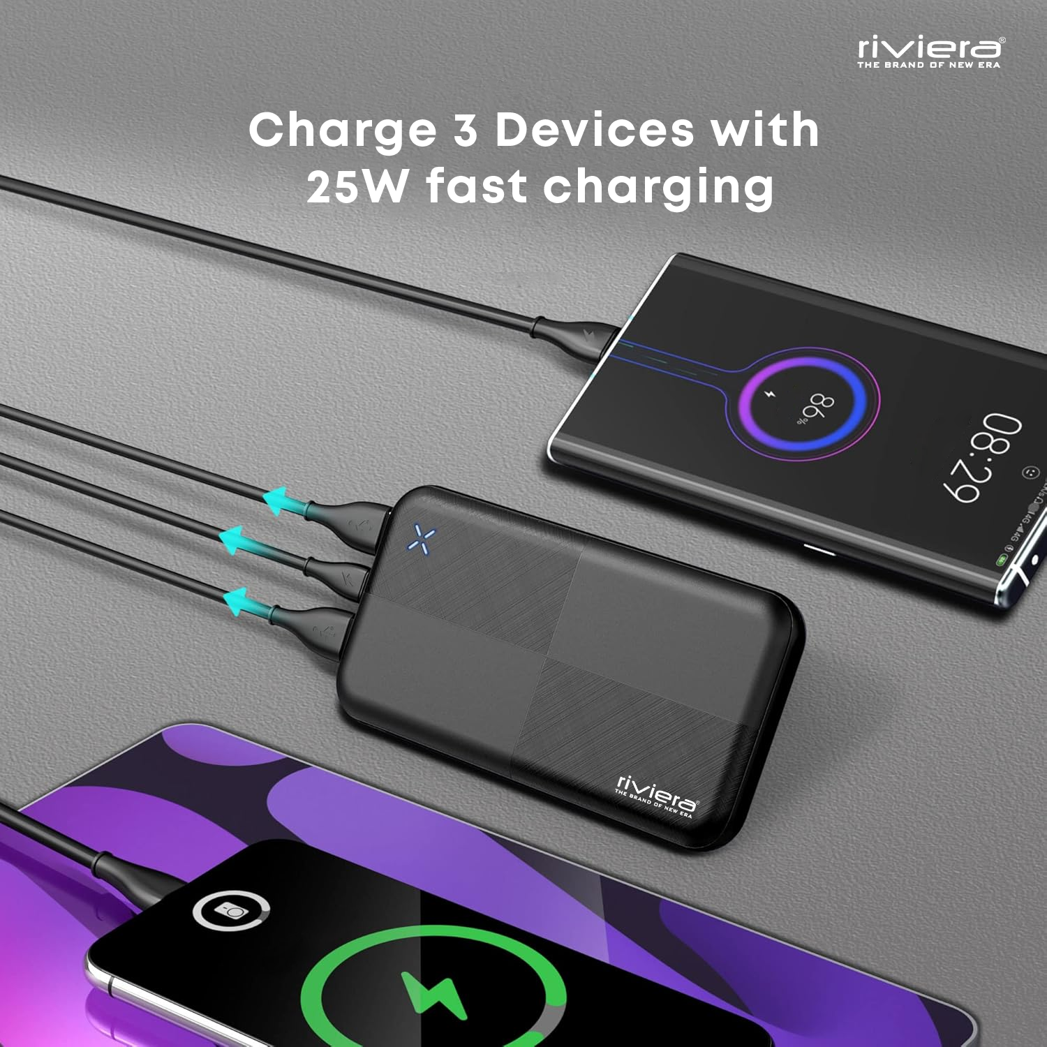 Riviera Energy 10000mAh Power Bank | 22.5W PD + Qualcomm Quick Charge 3.0 | Dual USB Output | LED Indicator | Fast Charging Portable Powerbank (Black)