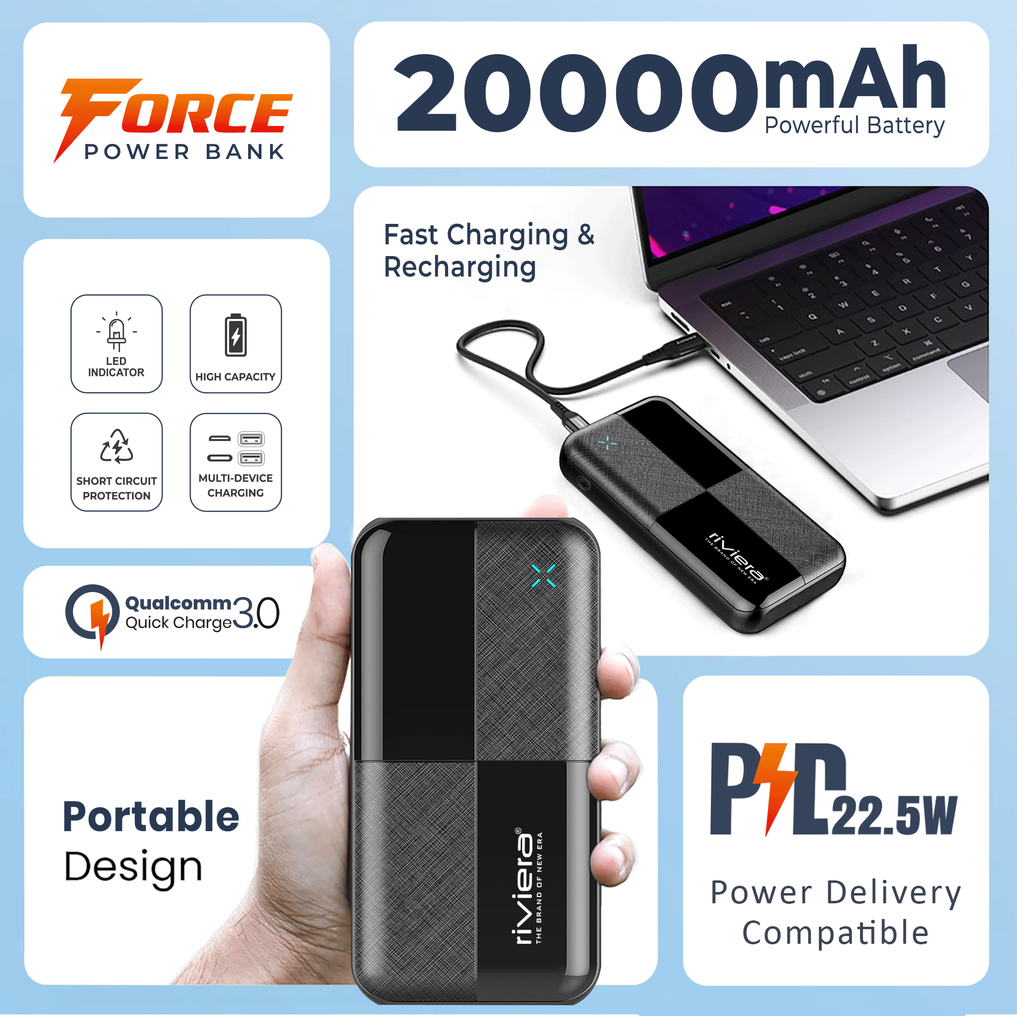 FORCE 20000mAh Power Bank | 22.5W PD Fast Charging | Dual Output | LED Indicator | Black