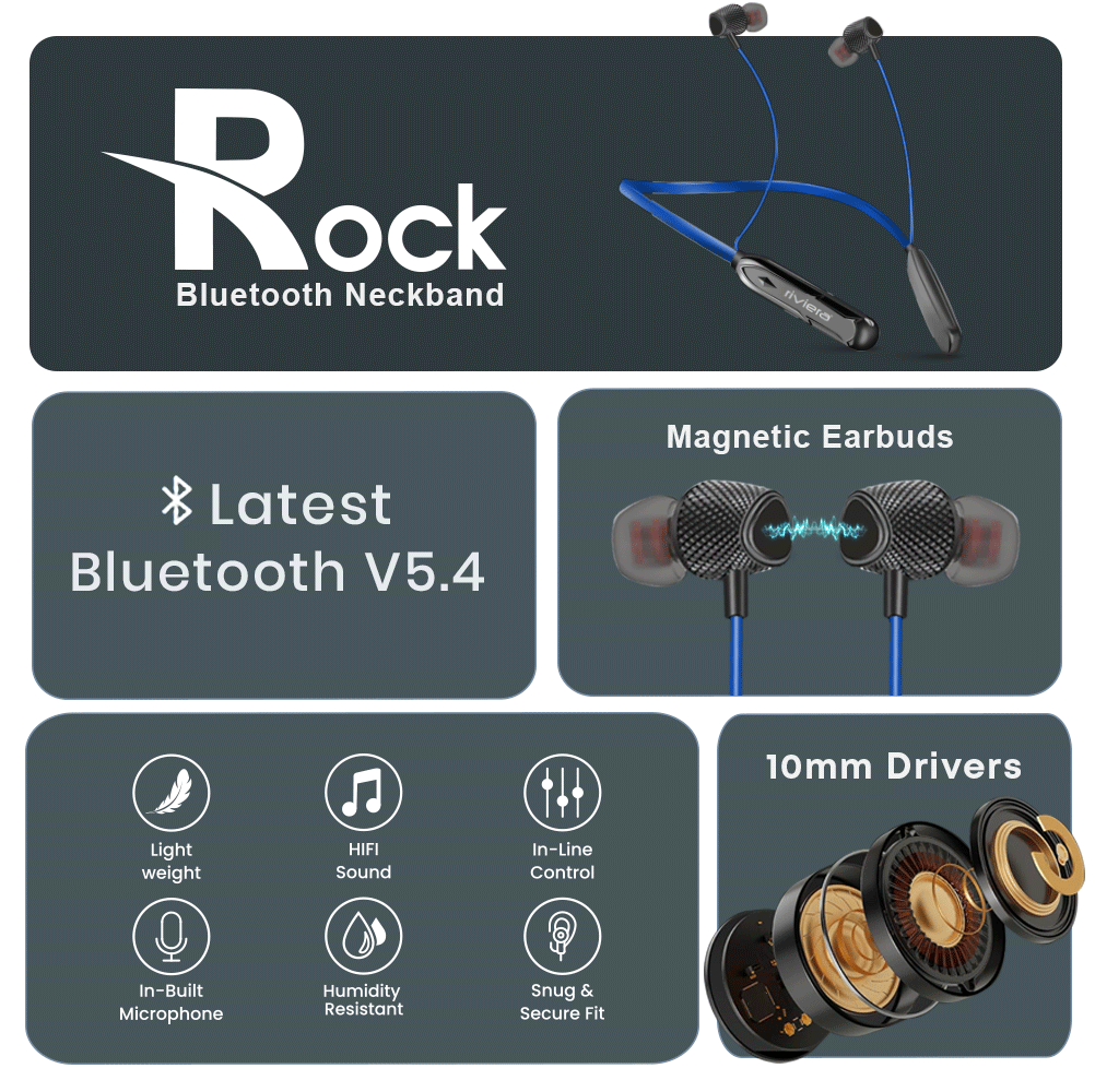 ROCK Neckband Bluetooth Headphones, in-Ear Wireless Earbuds Ultra-Lightweight 45 Hrs Playtime / 400H Standby Time Deep Bass Headset Magnetic Buds with Mic & Type C Charging | Blue