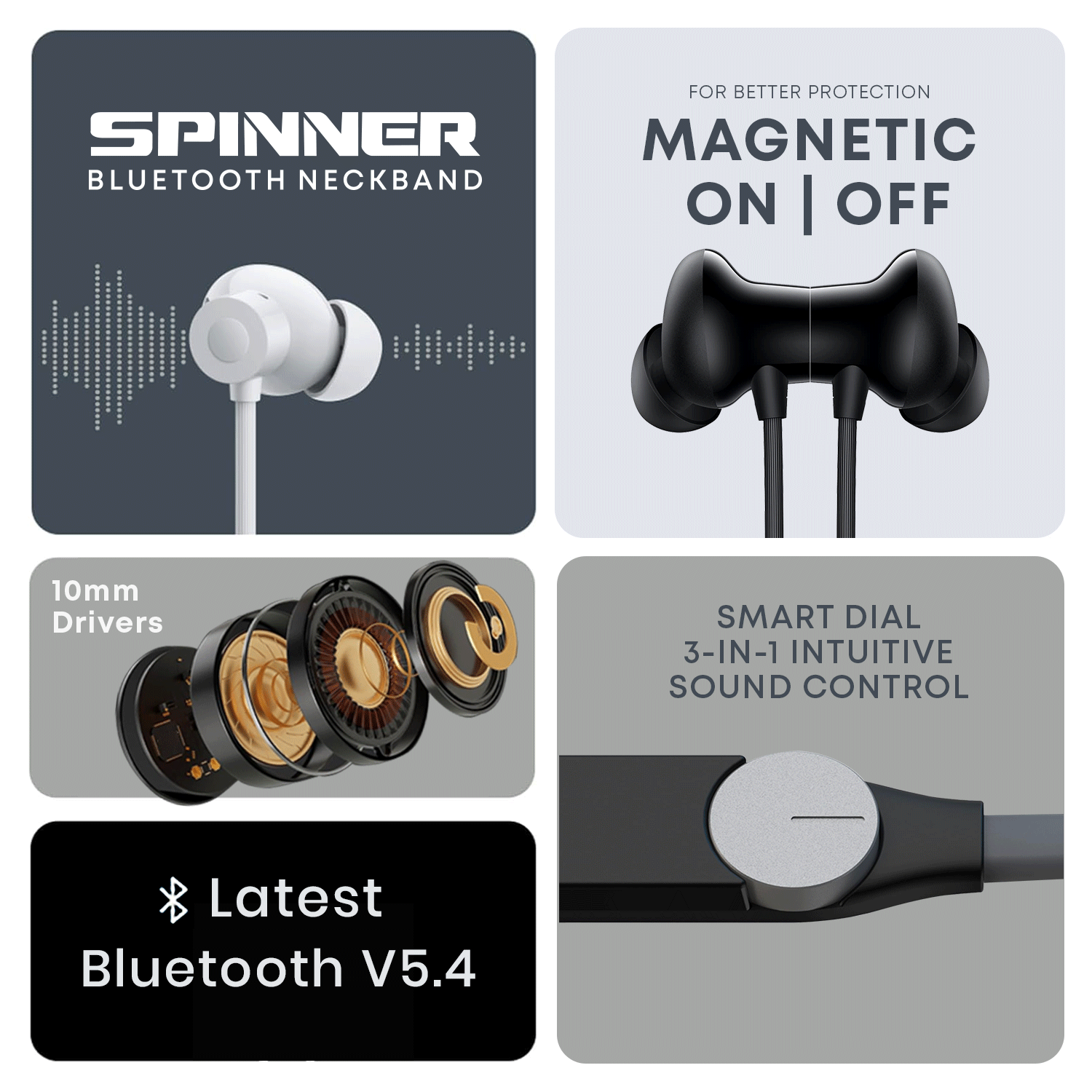 Spinner in Ear Earbuds, Bluetooth V5.3 Neckband Wireless Type C Interface | 55 Hrs Audio Playtime, 500H Stanby time Headphones, Humidity Resistance, Deep Bass - Black.