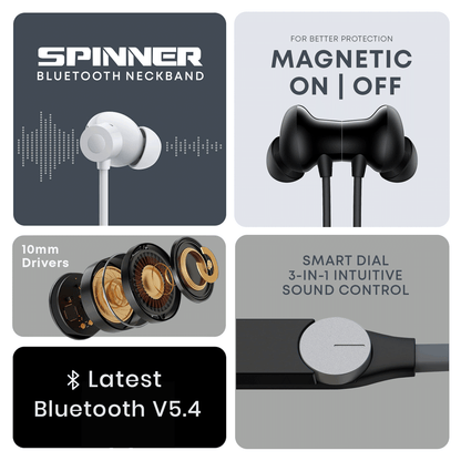 Spinner in Ear Earbuds, Bluetooth V5.3 Neckband Wireless Type C Interface | 55 Hrs Audio Playtime, 500H Stanby time Headphones, Humidity Resistance, Deep Bass - Black.