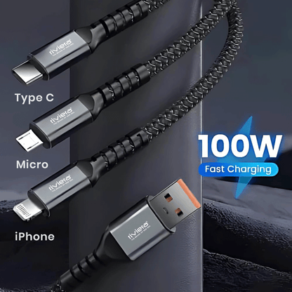 STRIKER 3-in-1 Fast Charging Cable with Digital Display – 100W | 1m | Universal Compatibility | Black