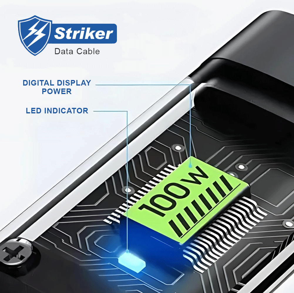 STRIKER 3-in-1 Fast Charging Cable with Digital Display – 100W | 1m | Universal Compatibility | Black