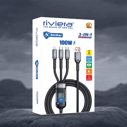 STRIKER 3-in-1 Fast Charging Cable with Digital Display – 100W | 1m | Universal Compatibility | Black