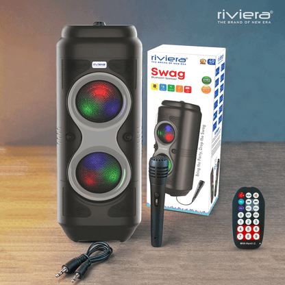 Swag 40W Bluetooth V5.0 Speaker With Wire Karaoke Mic | RGB Lights | 1800mAh Battery | TWS, USB, FM, AUX, TF Card Support - Black